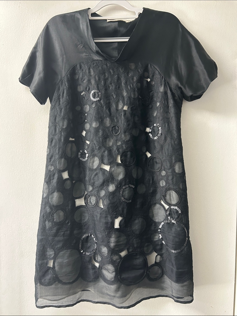 Mint Black Silk Short-Sleeve Circle-Detail Mini Dress